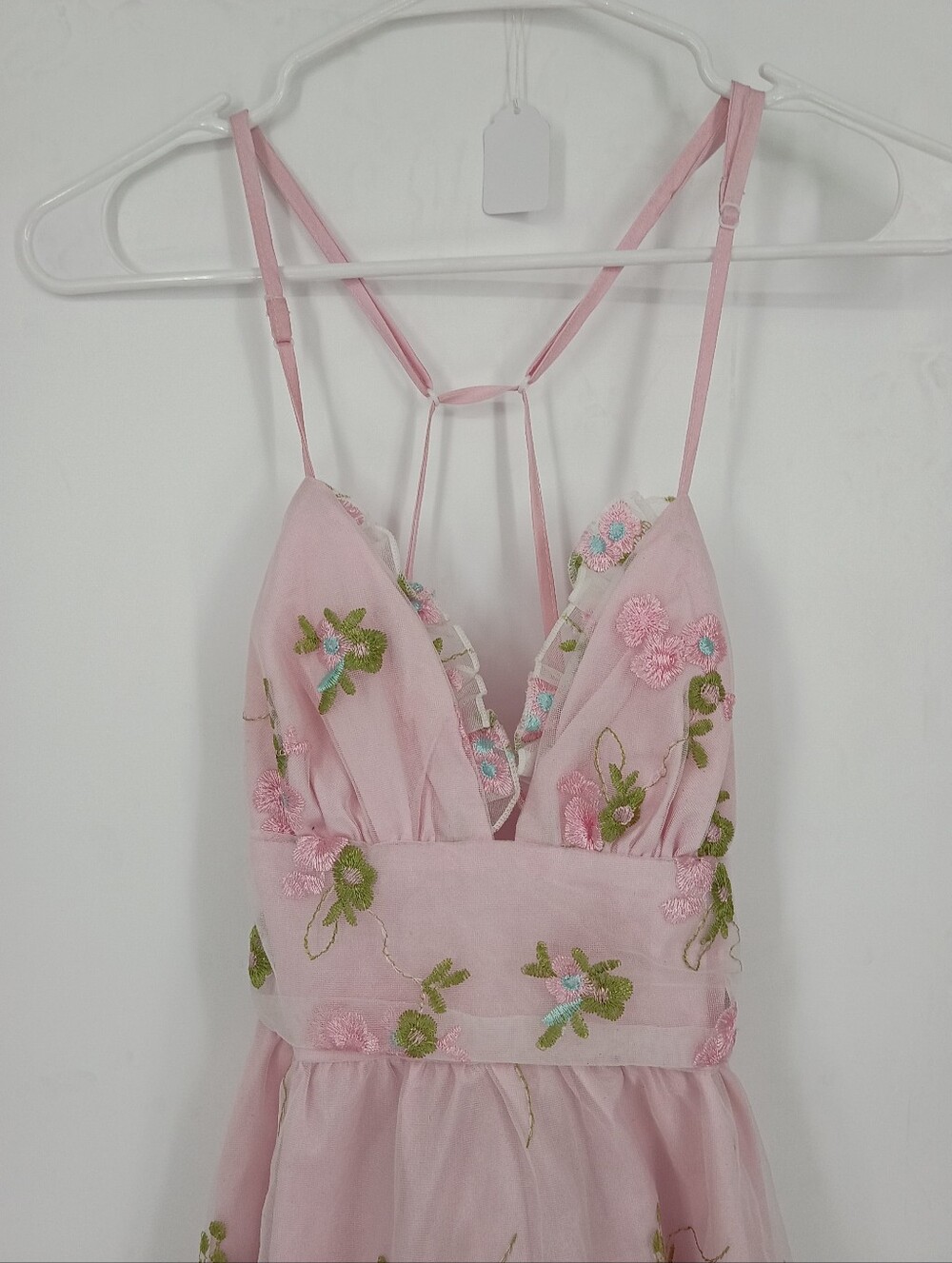 Coqutte Style Pink Floral Embroidered Mini Dress with Strappy Back Romantic Bow - Picture 3 of 7